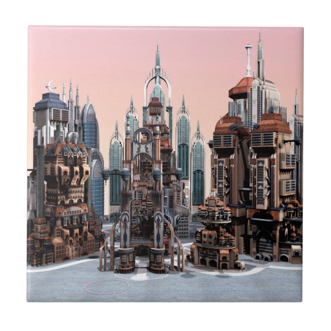 Futuristisk Fantasy Stad Sci Fi Siluett Konst Kakelplatta (Framsidan)