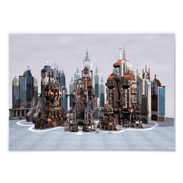 Futuristisk fantasystad Sci Fi Siluett Konst Fototryck (Framsidan)