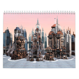 Futuristisk fantasystad Sci Fi Siluett Konst Kalender