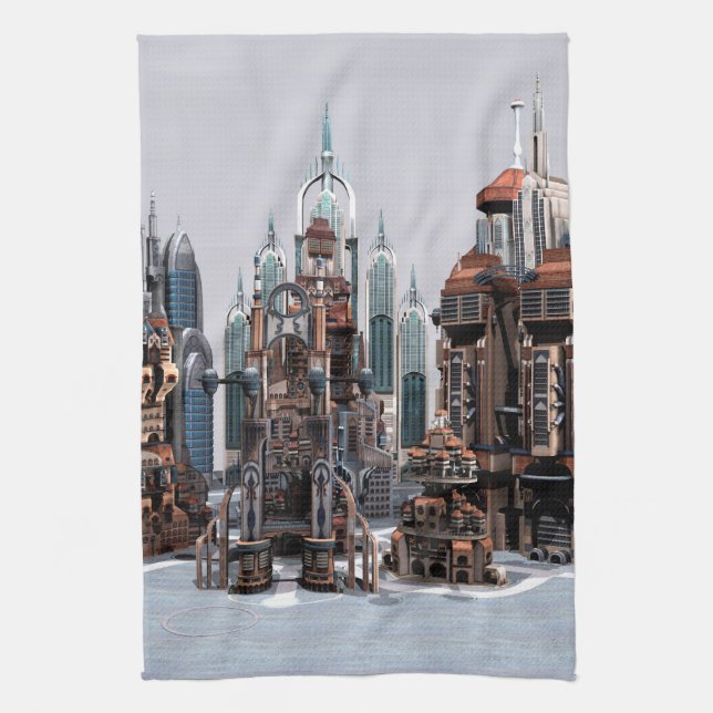 Futuristisk fantasystad Sci Fi Siluett Konst Kökshandduk (Vertikal)