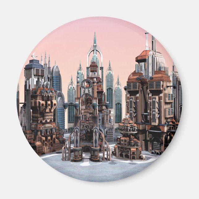Futuristisk fantasystad Sci Fi Siluett Konst Magnet (Framsidan)