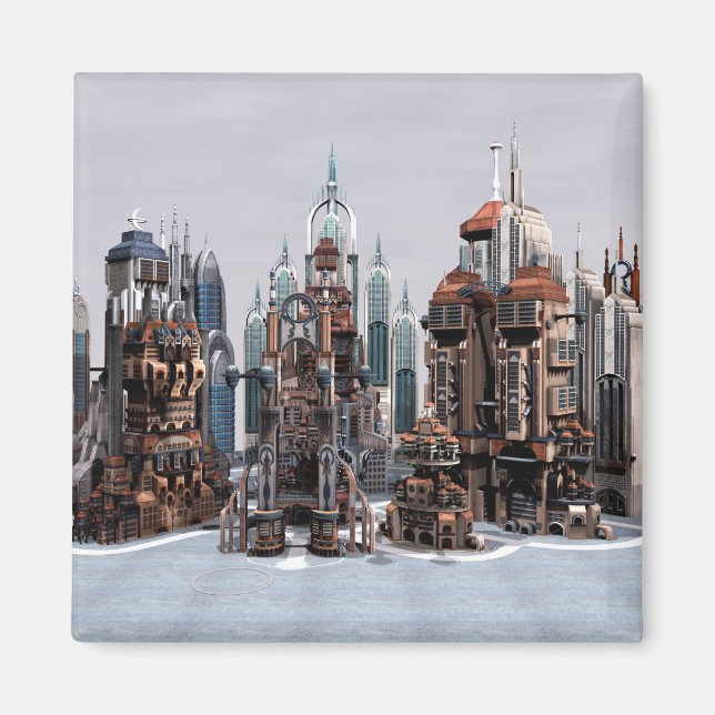 Futuristisk fantasystad Sci Fi Siluett Konst Magnet (Framsidan)