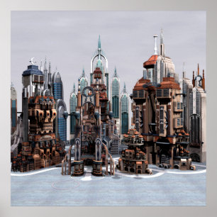Futuristisk fantasystad Sci Fi Siluett Konst Poster