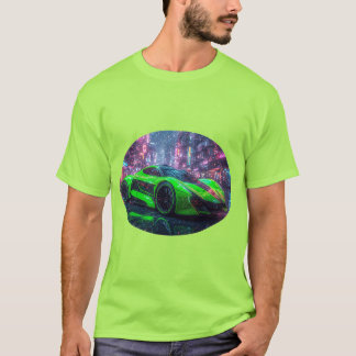 Futuristisk grön sportbil i neonbelyst urban stad t shirt