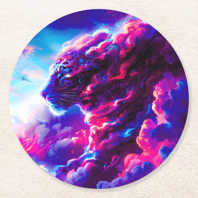 Futuristisk Kosmisk Neon Leopard Underlägg Papper Rund (Framsidan)
