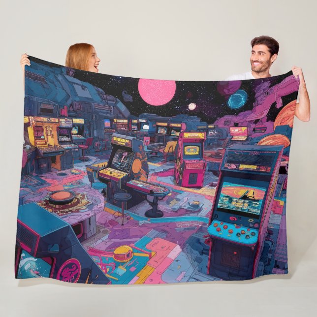 Futuristisk Retro Arkad i Yttre Rymden Fleecefilt (På plats)