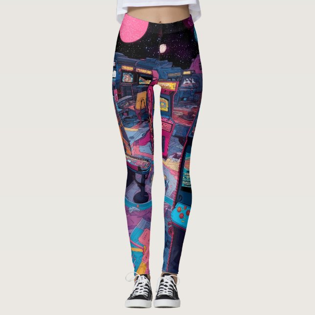 Futuristisk Retro Arkad i Yttre Rymden Leggings (Framsida)