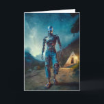 Futuristisk robot i forntida landskap kort<br><div class="desc">En humanoid robot står på en stig under en stjärnhimmel,  omgiven av frodiga träd. En liten pyramidstruktur med en lysande ingång är synlig i bakgrunden.</div>