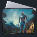 Futuristisk robot i forntida landskap laptop fodral<br><div class="desc">En humanoid robot står på en stig under en stjärnhimmel,  omgiven av frodiga träd. En liten pyramidstruktur med en lysande ingång är synlig i bakgrunden.</div>