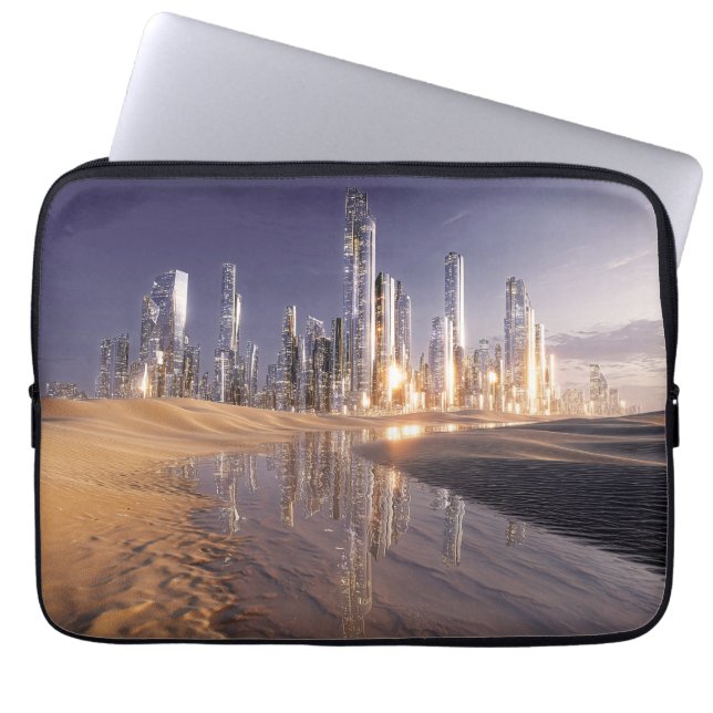Futuristisk Sci-Fi-Stad Reflekterad I Ökensand Laptop Fodral (Framsidan)