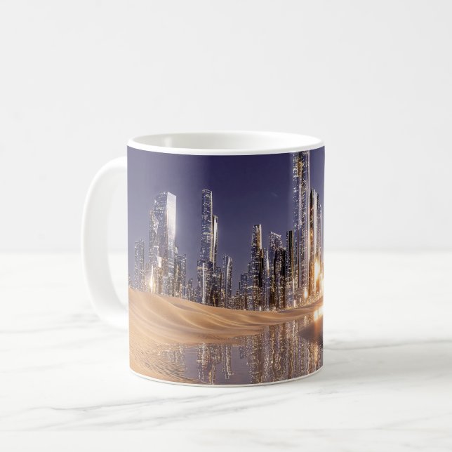 Futuristisk science fiction-stad reflekterad i öke kaffemugg (Framsida vänster)