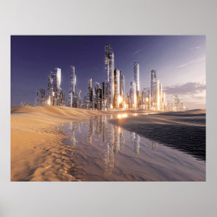 Futuristisk science fiction-stad reflekterad i öke poster
