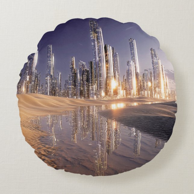 Futuristisk science fiction-stad reflekterad i öke rund kudde (Framsidan)