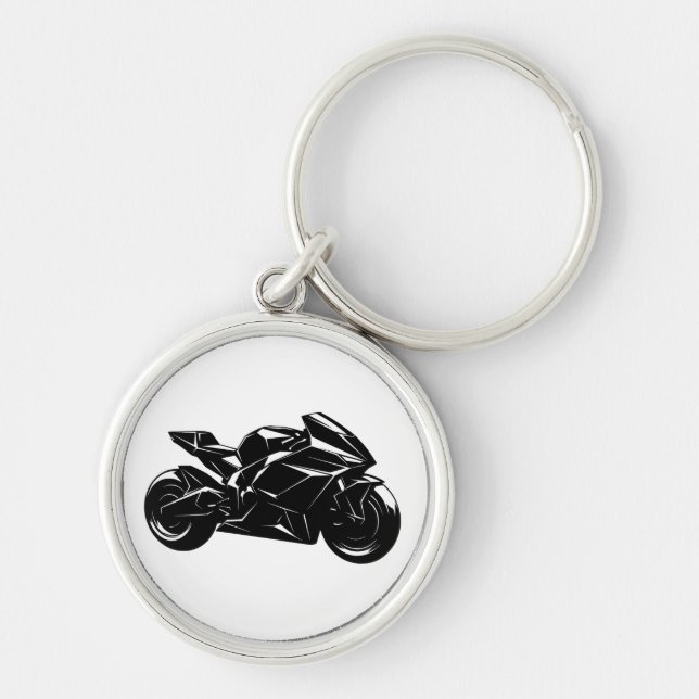 Futuristisk sportmotorcykeldesign rund silverfärgad nyckelring (Framsidan)