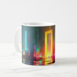 Futuristisk stad med strålande neonlysportal kaffemugg