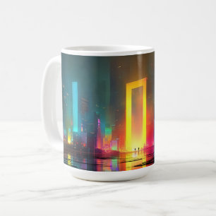 Futuristisk stad med strålande neonportal kaffemugg
