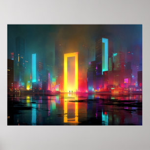 Futuristisk Stad med Strålande Neonportal Poster