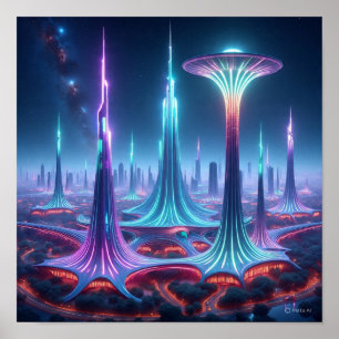 Futuristiska Alien Cityscape med utrymmesport Poster