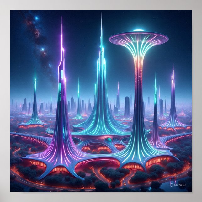 Futuristiska Alien Cityscape med utrymmesport Poster (Framsidan)
