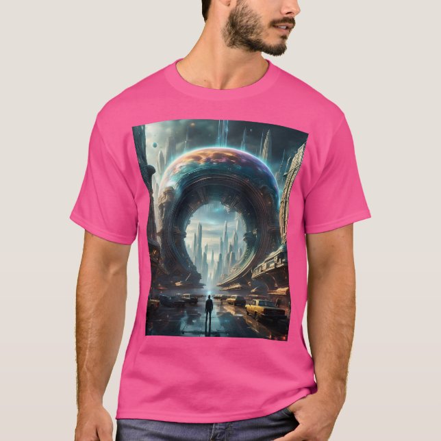 Futuristiska Alien Planet Portal med Magic Grind T Shirt (Framsida)