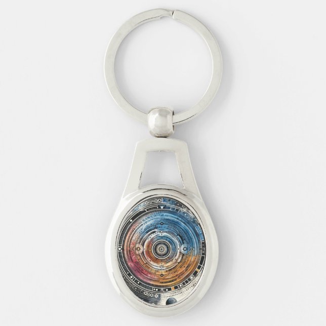 Futuristiska Batik Cosmic Art - rymddesign Ovalt Silverfärgad Nyckelring (Framsidan)