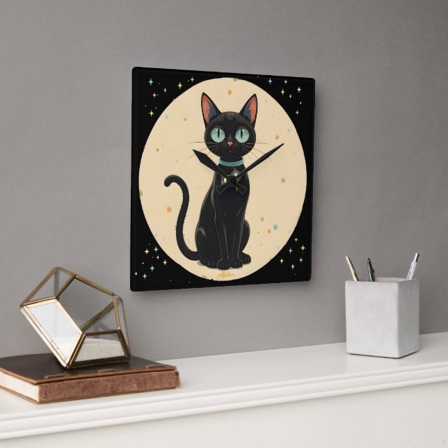 Futuristiska Black Cat Måne Fyrkantig Klocka (Kontor)