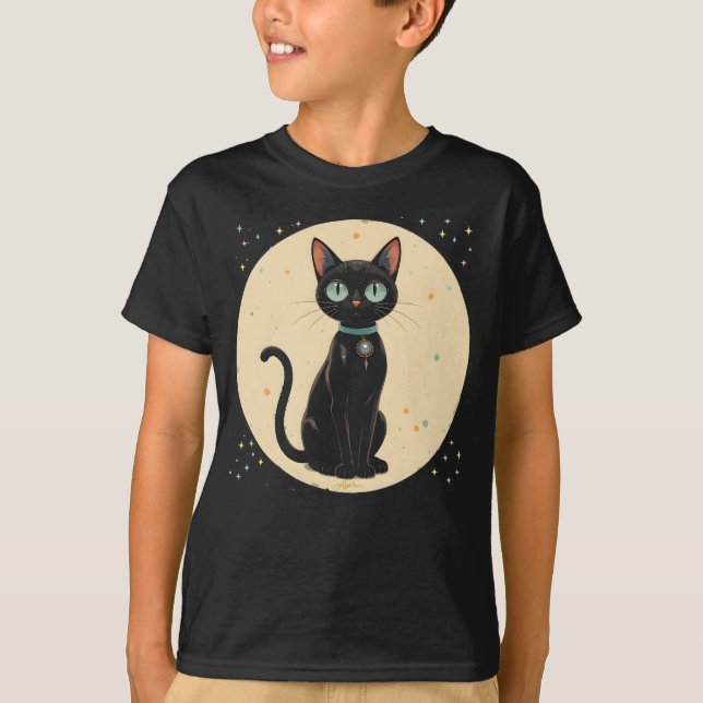 Futuristiska Black Cat Måne T Shirt (Framsida)