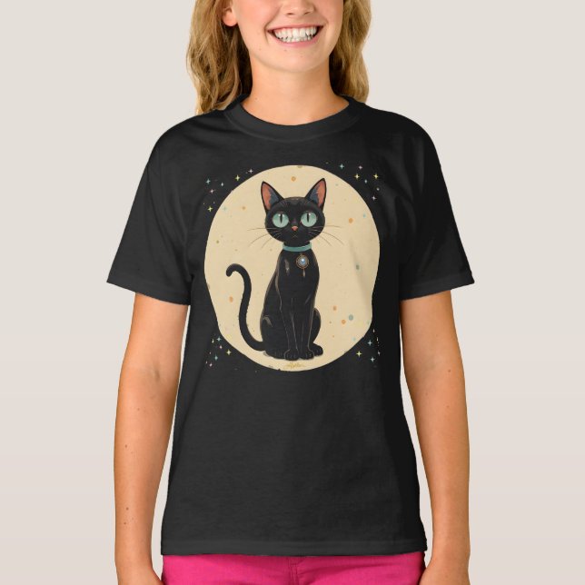 Futuristiska Black Cat Måne T Shirt (Framsida)