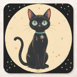 Futuristiska Black Cat Måne Underlägg Papper Kvadrat