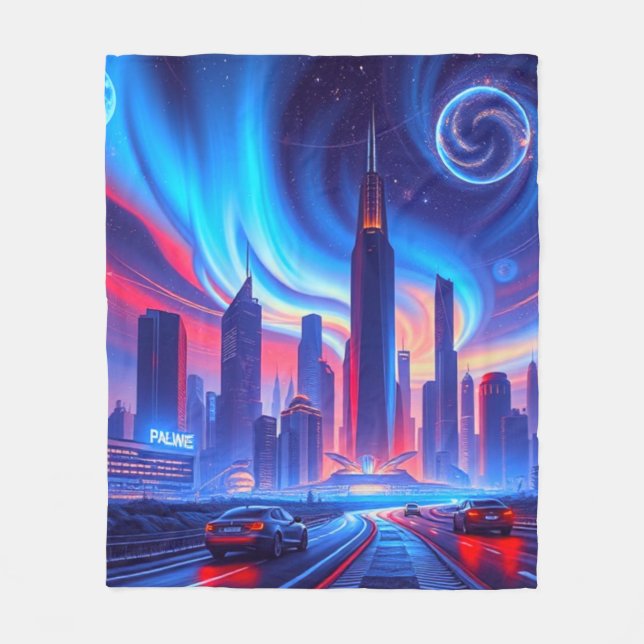 Futuristiska City Blanket | Neon Skyline & Cosmic  Fleecefilt (Framsidan)