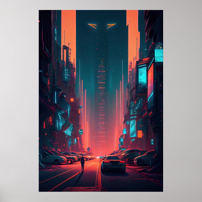 Futuristiska City - Cyberpunk - Neon - Illustratio Poster (Framsidan)