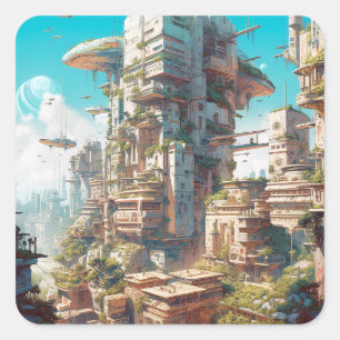 Futuristiska City Science fiction Art Fyrkantigt Klistermärke