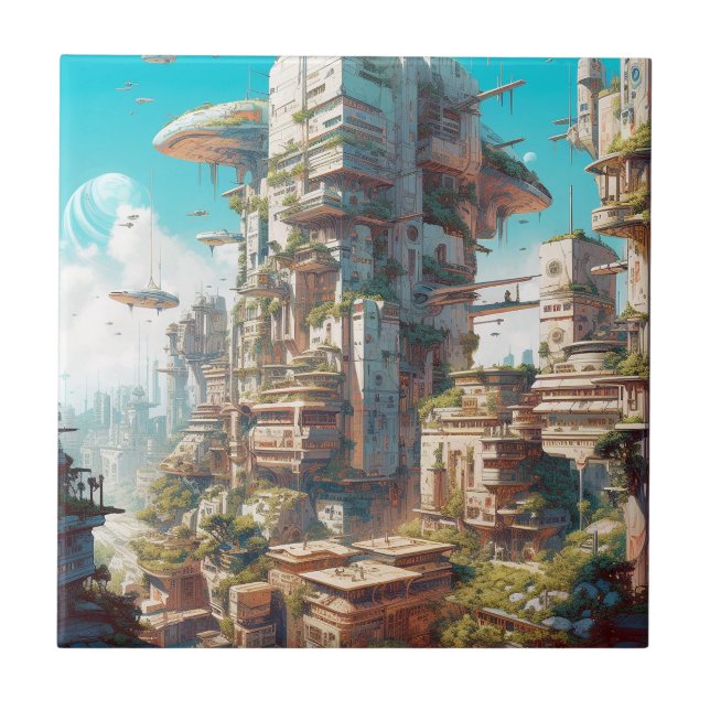 Futuristiska City Science fiction Art Kakelplatta (Framsidan)