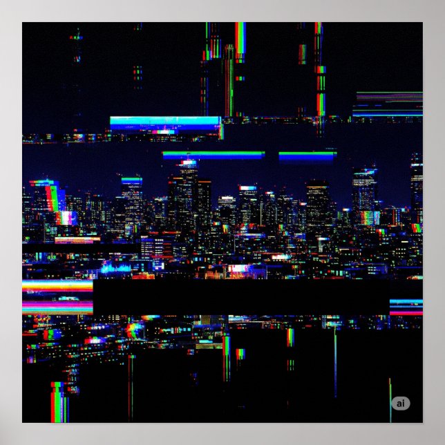 Futuristiska Cityscape Digital Glitch Art Poster (Framsidan)