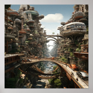 Futuristiska Cityscape: Flygvagnar och motorcyklar Poster