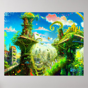 Futuristiska Colorful Plant City, AI Generated Art Poster