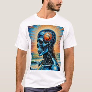 Futuristiska Cosmic Skull Art T-Shirt Ocean Sunset