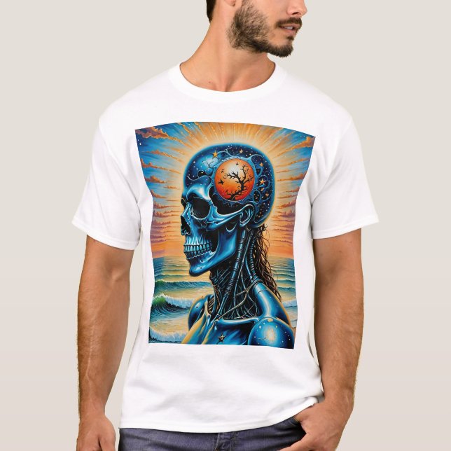 Futuristiska Cosmic Skull Art T-Shirt Ocean Sunset (Framsida)