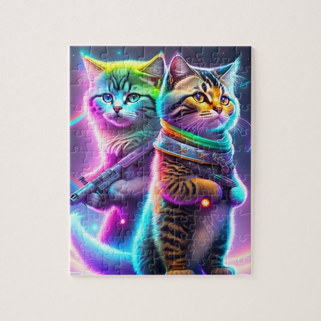 Futuristiska Cute Cats med laservapen, Neon Cats Pussel (Vertikal)