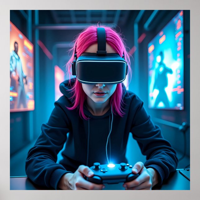 "Futuristiska Cyber Gamer med AR Visor AI Poster (Framsidan)