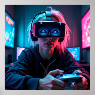 Futuristiska Cyber Gamer med AR Visor AI Poster