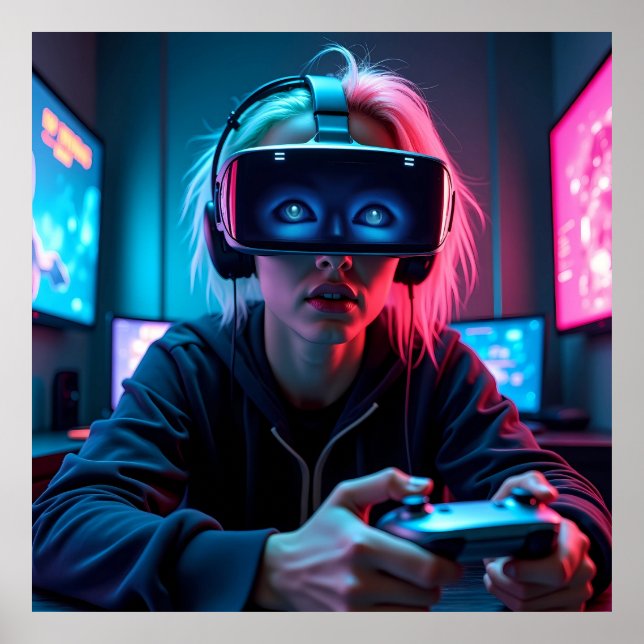 Futuristiska Cyber Gamer med AR Visor AI Poster (Framsidan)
