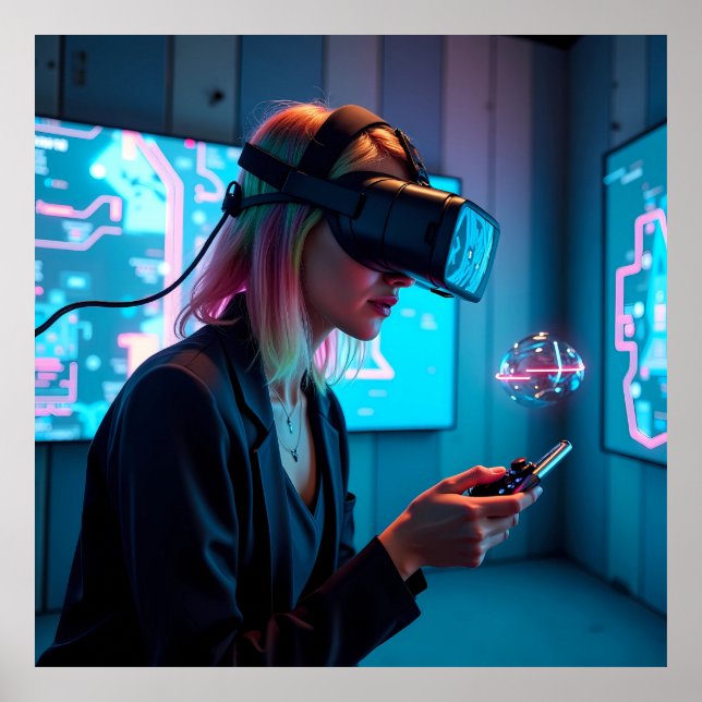 "Futuristiska Cyber Gamer med AR Visor AI Poster (Framsidan)