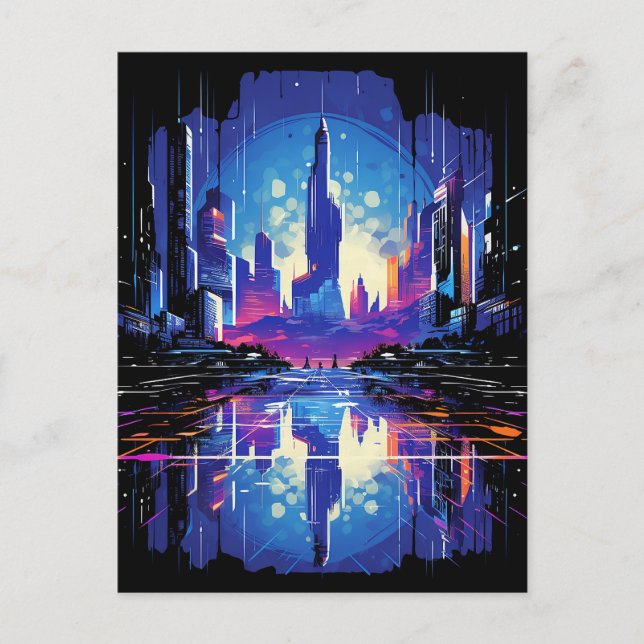 Futuristiska Cyberpunk City Skyline Meddelande Vykort (Framsida)