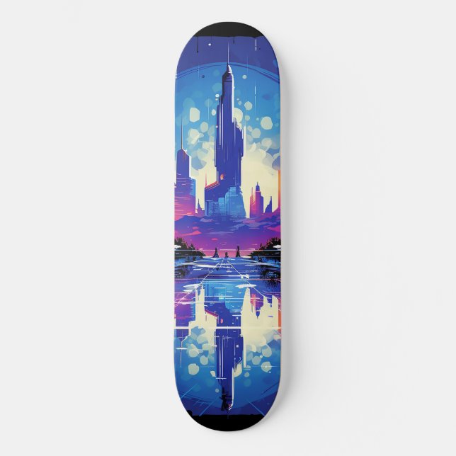 Futuristiska Cyberpunk City Skyline Mini Skateboard Bräda 18,5 Cm (Framsida)