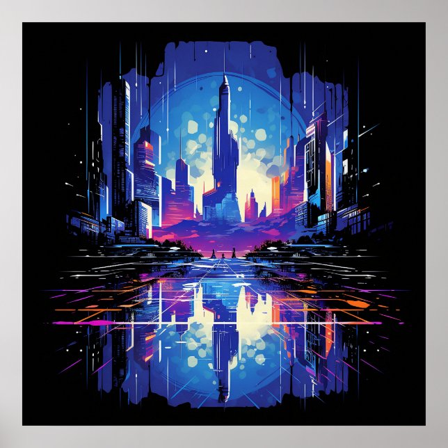 Futuristiska Cyberpunk City Skyline Poster (Framsidan)