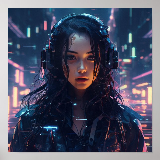 Futuristiska Cyberpunk Glitched Hologram Poster -  (Framsidan)