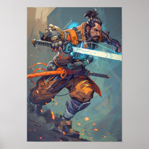Futuristiska Cyberpunk Samurai Holding Laser Katan Poster
