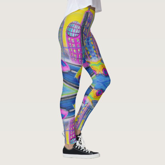 Futuristiska Dreams: Rosa Pastel Cityscape Legging (Höger)