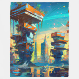 Futuristiska Dystopian City, AI-genererad målning Fleecefilt